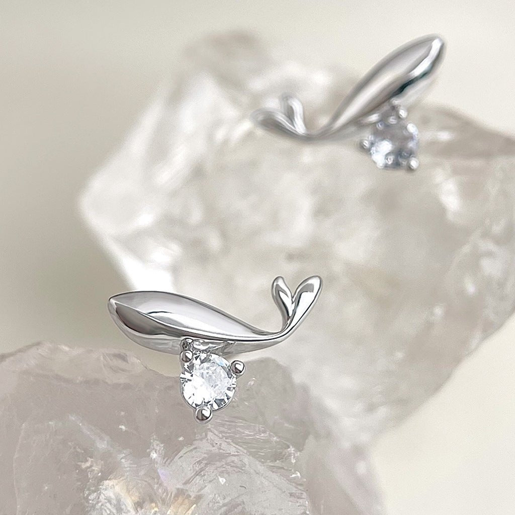 “Vintage Whale” Cubic Zirconia Stud Earrings - 18K Gold Plated Eco - Brass with Sterling Silver Posts - Aruary Studio ｜ Artisanal Jewelry
