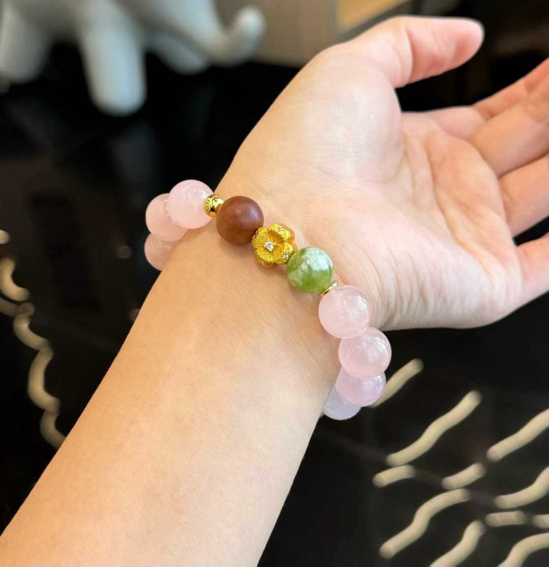 “Warm Winter” Rose Quartz Bracelet - Healing Crystal Energy Jewelry with Sandalwood & Glazed Jade - Aruary Studio ｜ Artisanal Jewelry