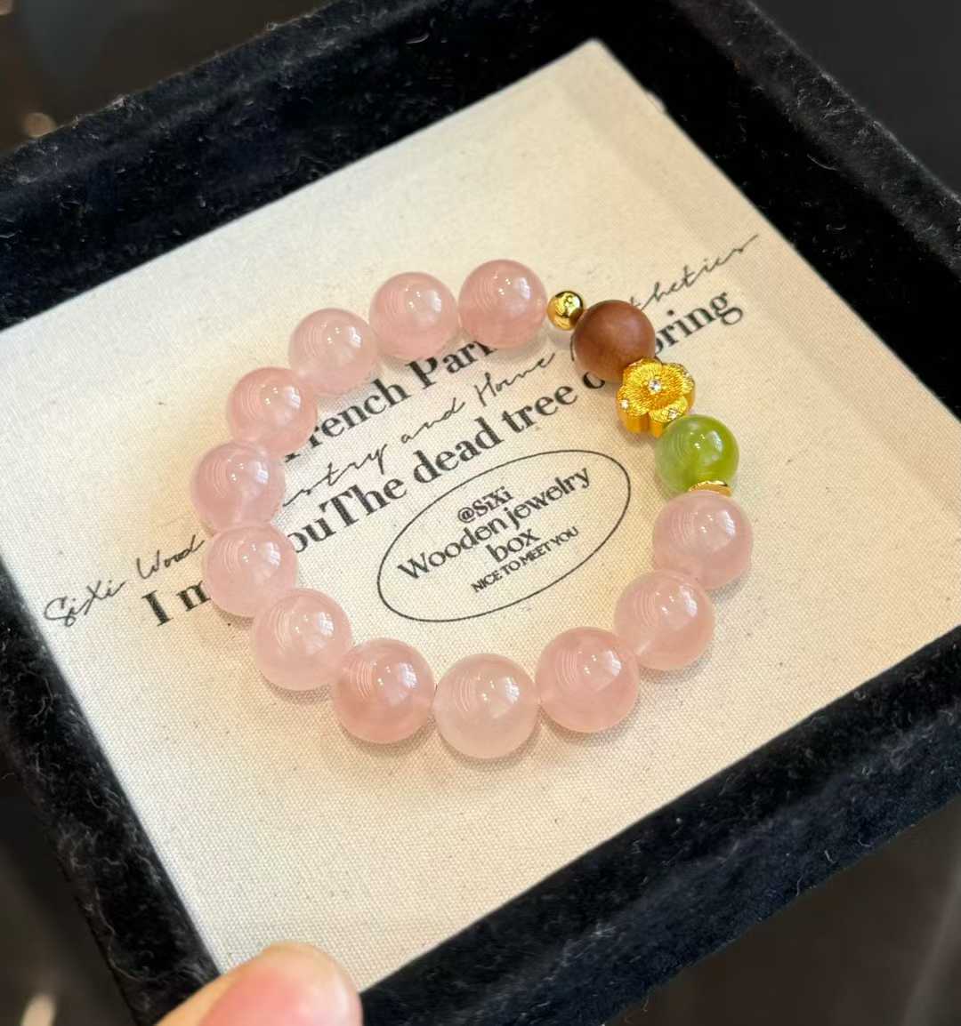 “Warm Winter” Rose Quartz Bracelet - Healing Crystal Energy Jewelry with Sandalwood & Glazed Jade - Aruary Studio ｜ Artisanal Jewelry
