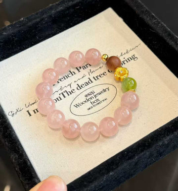 “Warm Winter” Rose Quartz Bracelet - Healing Crystal Energy Jewelry with Sandalwood & Glazed Jade - Aruary Studio ｜ Artisanal Jewelry