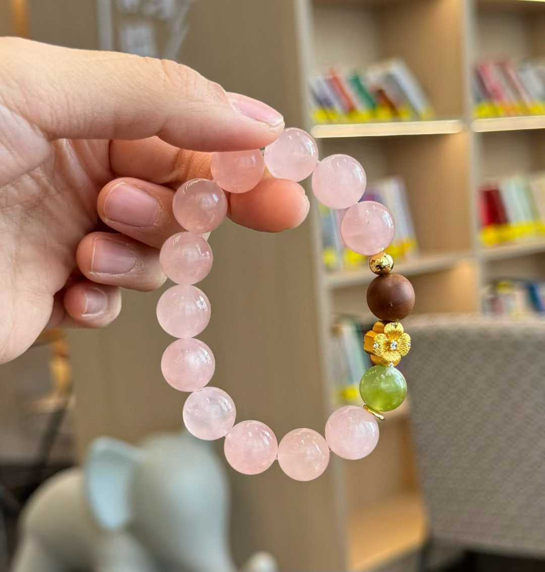 “Warm Winter” Rose Quartz Bracelet - Healing Crystal Energy Jewelry with Sandalwood & Glazed Jade - Aruary Studio ｜ Artisanal Jewelry