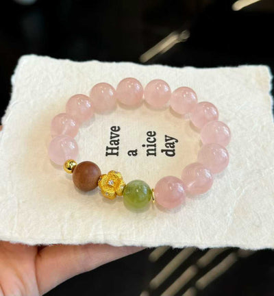 “Warm Winter” Rose Quartz Bracelet - Healing Crystal Energy Jewelry with Sandalwood & Glazed Jade - Aruary Studio ｜ Artisanal Jewelry