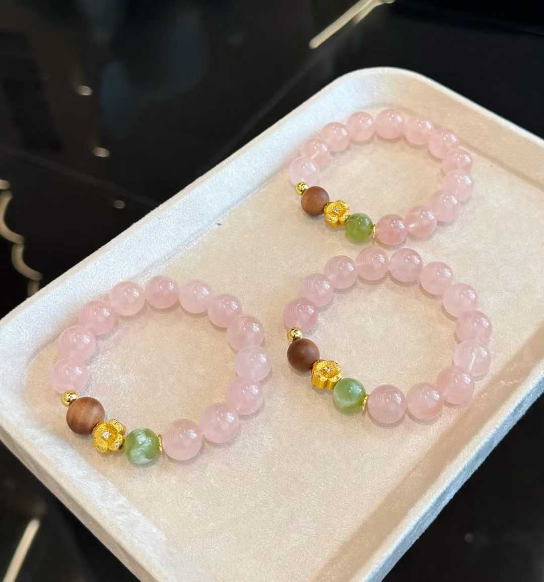 “Warm Winter” Rose Quartz Bracelet - Healing Crystal Energy Jewelry with Sandalwood & Glazed Jade - Aruary Studio ｜ Artisanal Jewelry