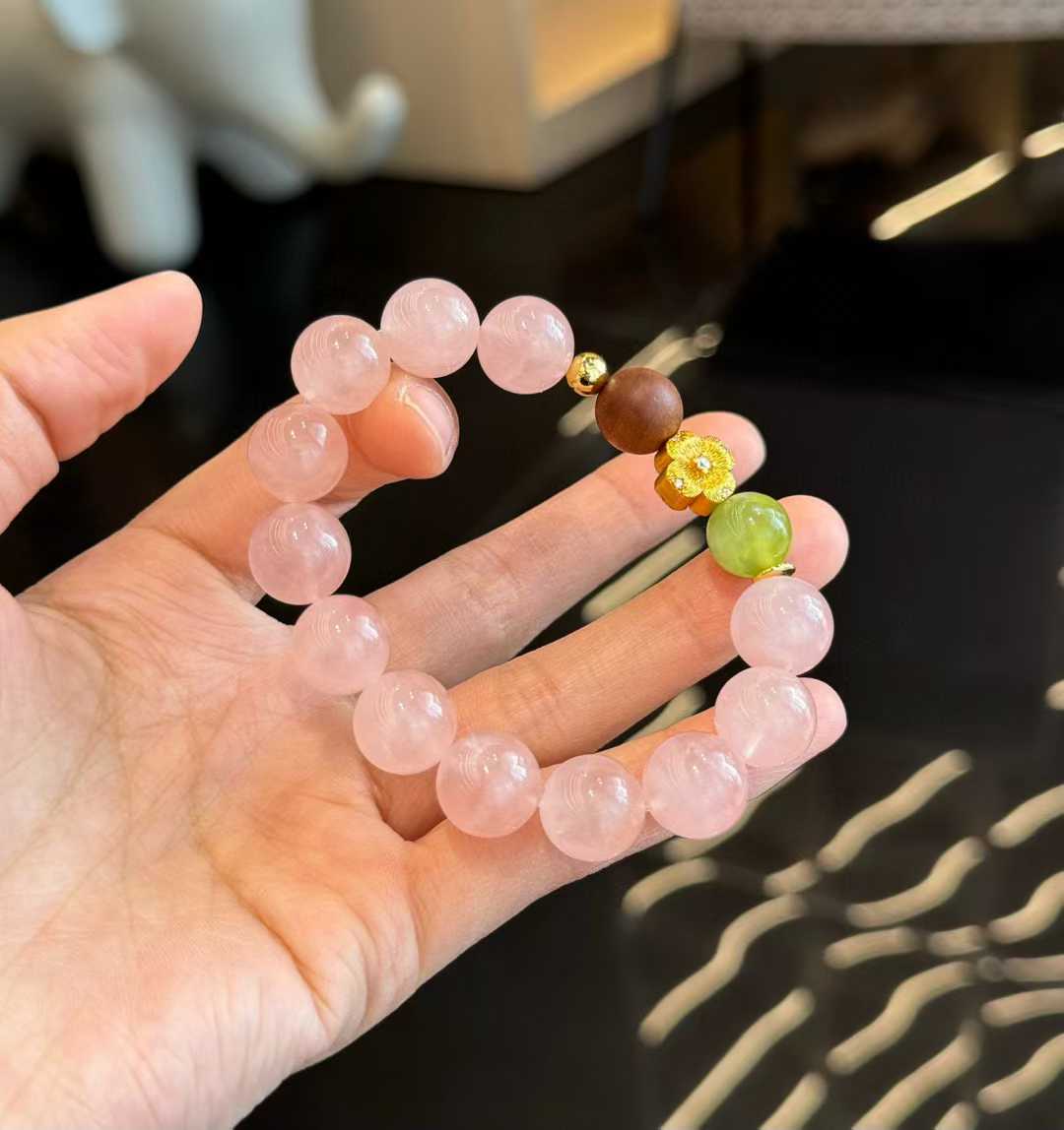 “Warm Winter” Rose Quartz Bracelet - Healing Crystal Energy Jewelry with Sandalwood & Glazed Jade - Aruary Studio ｜ Artisanal Jewelry