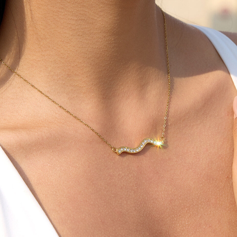 18K Gold Plated Wave Bar Necklace | Waterproof Stainless Steel Dainty Curved Pendant with Cubic Zirconia | Tarnish-Free Minimalist Jewelry for Her