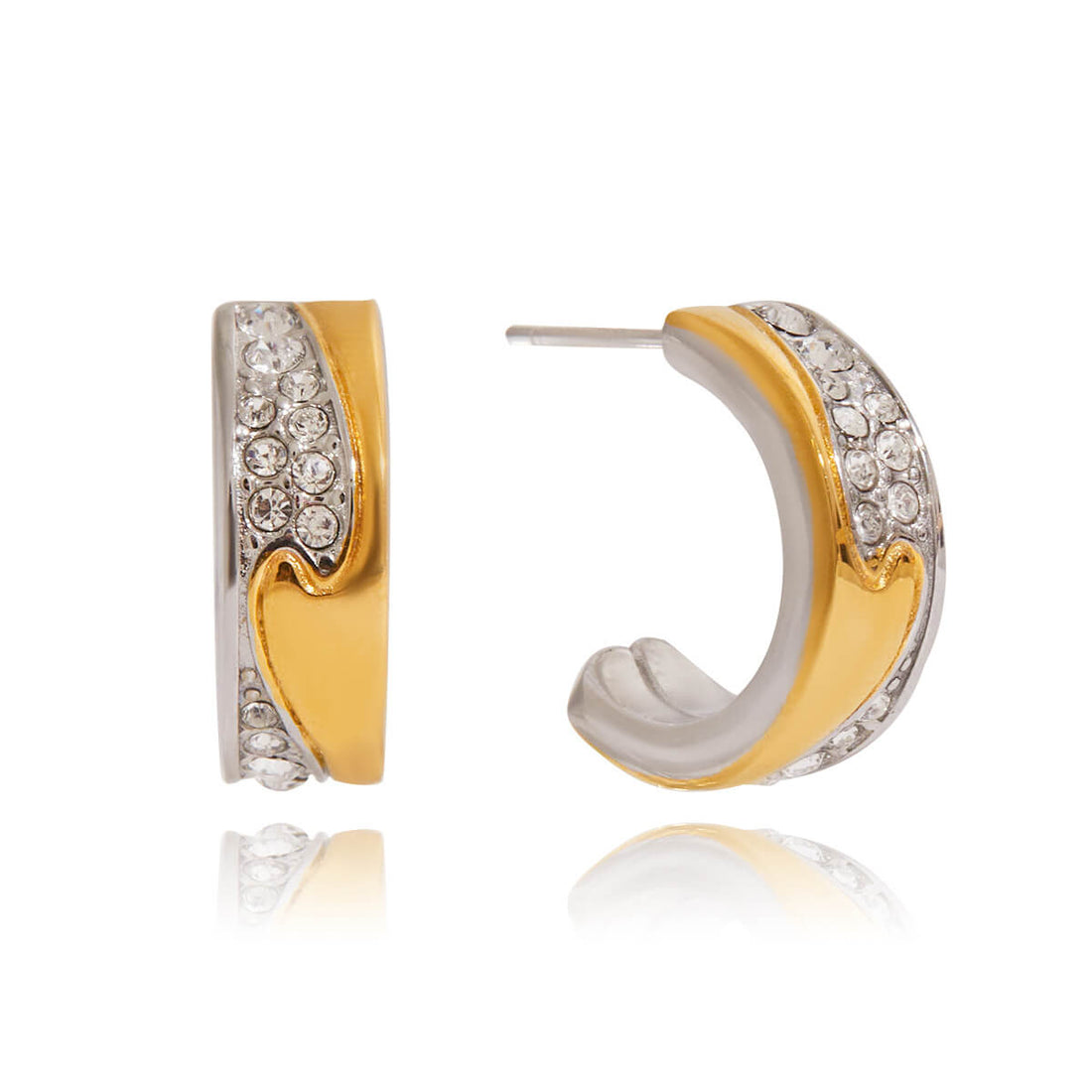 Detailed view of 18K gold and silver two-tone stainless steel huggie earrings with zirconia pavé, showing 1.65cm height and waterproof features.