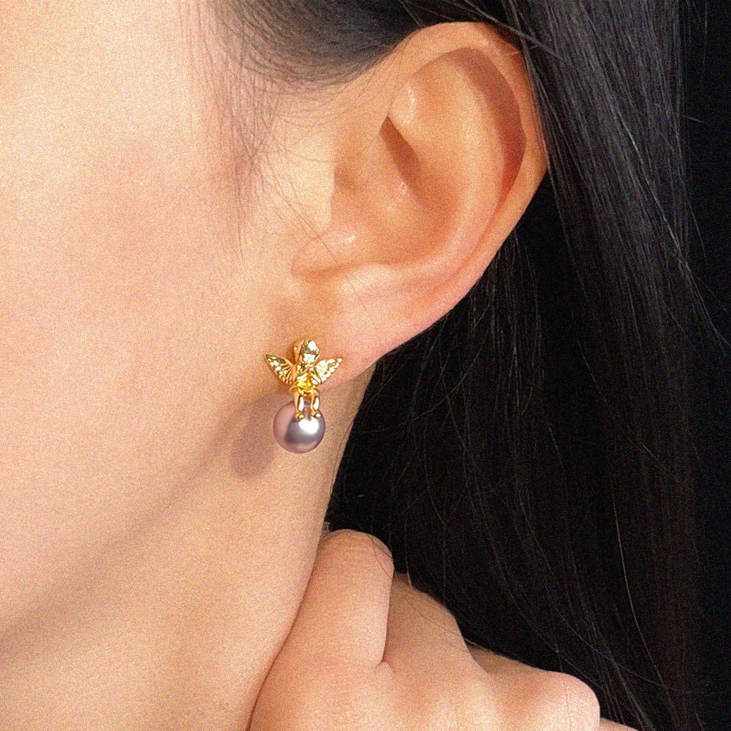 Whimsical Angel & Pearl Stud Earrings | 18K Gold Plated Copper + Glass Pearl - Vintage - Inspired Innocence with Lustrous Charm - Aruary Studio ｜ Artisanal Jewelry