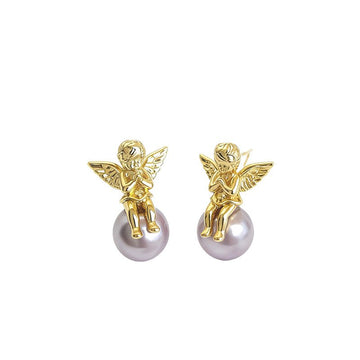 Whimsical Angel & Pearl Stud Earrings | 18K Gold Plated Copper + Glass Pearl - Vintage - Inspired Innocence with Lustrous Charm - Aruary Studio ｜ Artisanal Jewelry