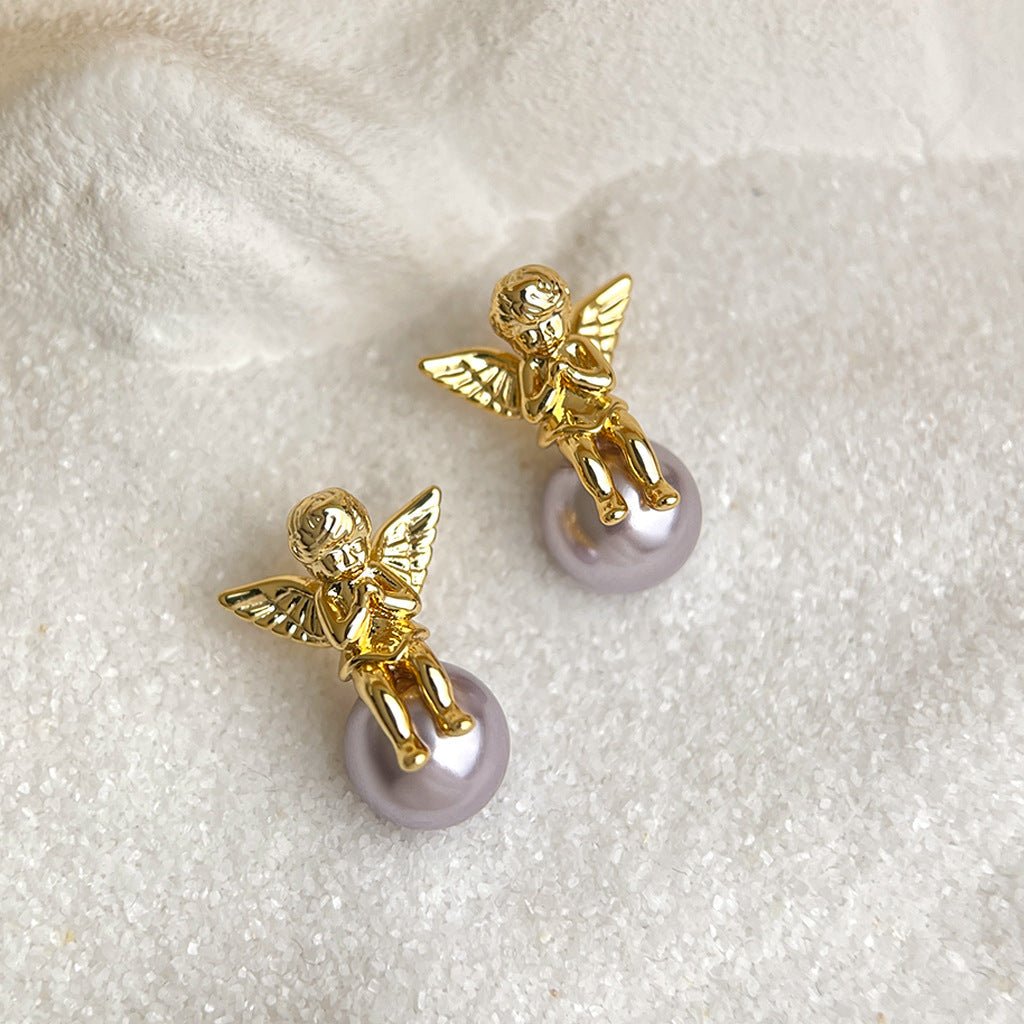 Whimsical Angel & Pearl Stud Earrings | 18K Gold Plated Copper + Glass Pearl - Vintage - Inspired Innocence with Lustrous Charm - Aruary Studio ｜ Artisanal Jewelry