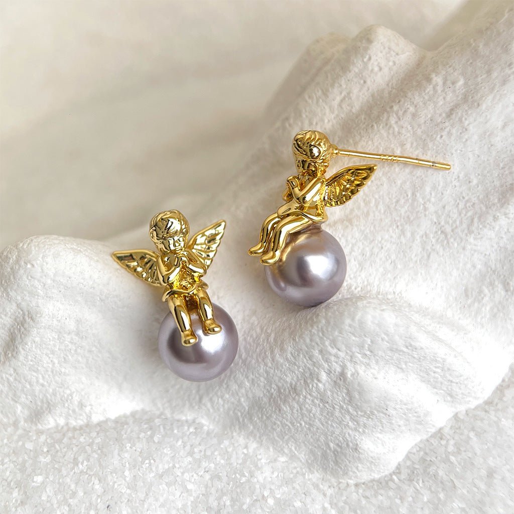 Whimsical Angel & Pearl Stud Earrings | 18K Gold Plated Copper + Glass Pearl - Vintage - Inspired Innocence with Lustrous Charm - Aruary Studio ｜ Artisanal Jewelry