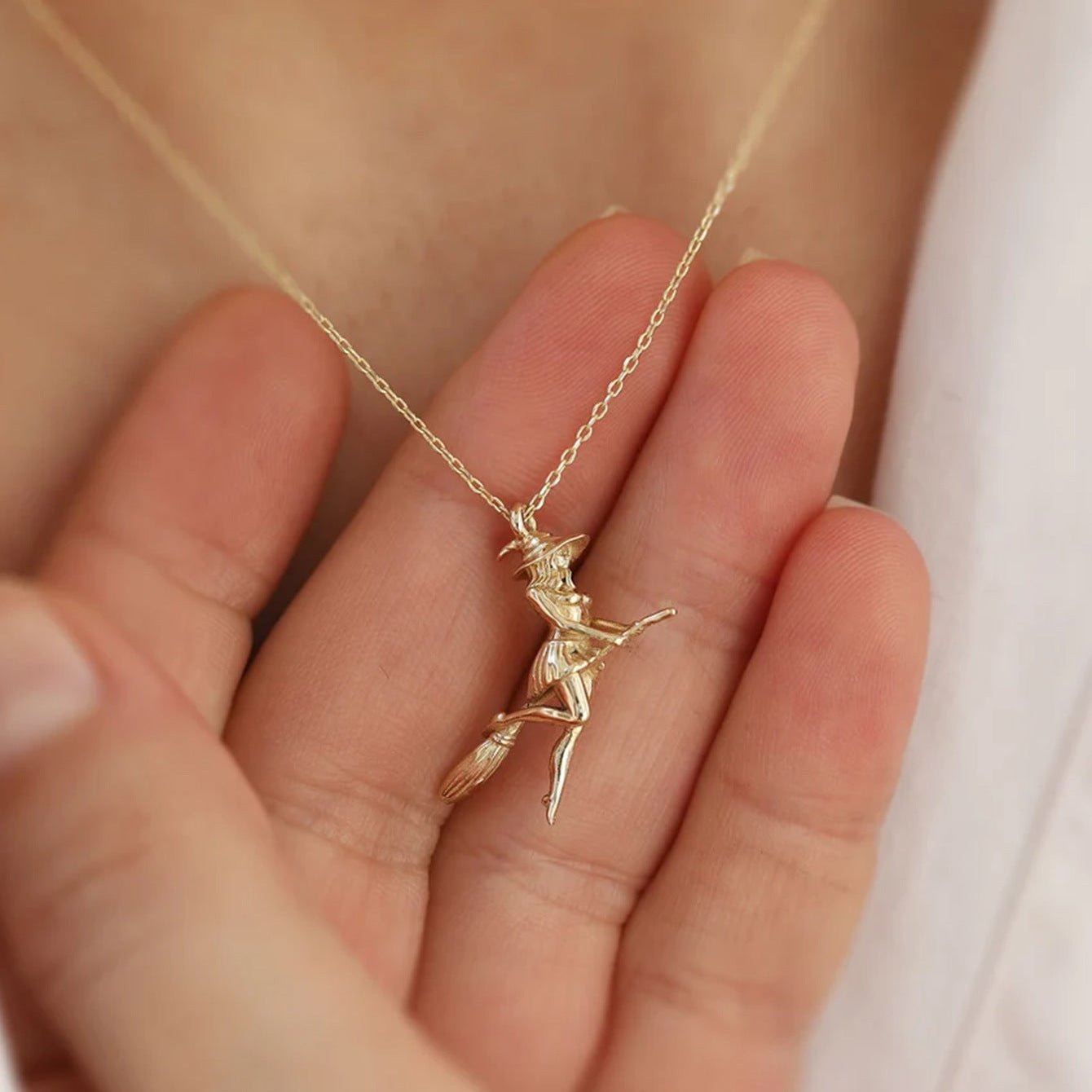 Witch on Broom Pendant Necklace - 925 Sterling Silver Halloween Gothic Jewelry with Adjustable Chain - Aruary Studio ｜ Artisanal Jewelry