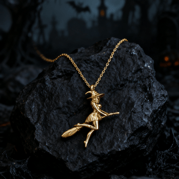 Witch on Broom Pendant Necklace - 925 Sterling Silver Halloween Gothic Jewelry with Adjustable Chain - Aruary Studio ｜ Artisanal Jewelry