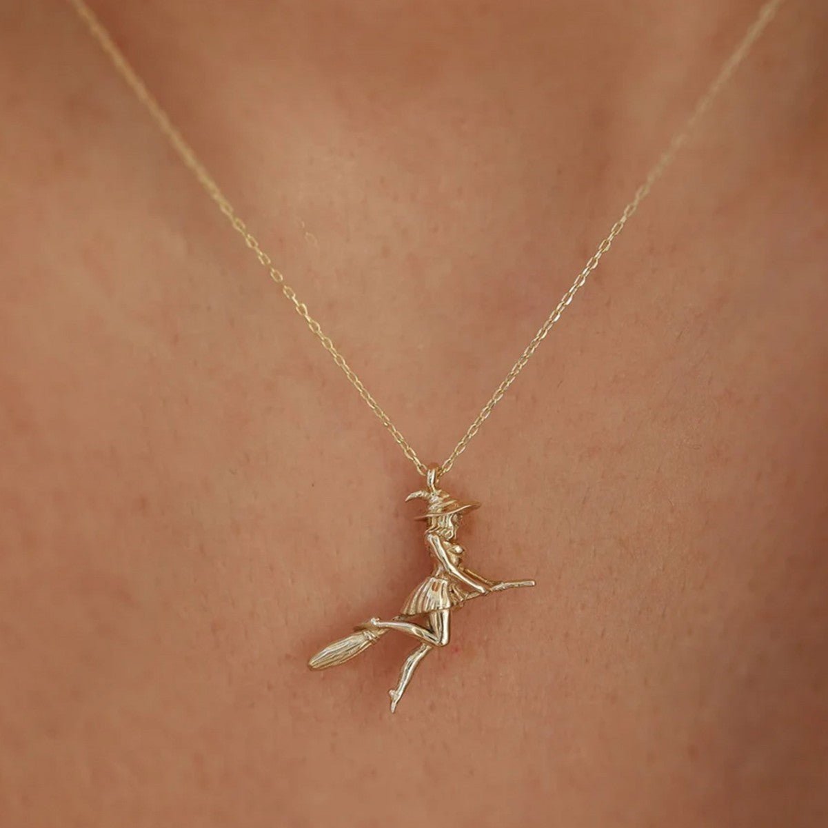 Witch on Broom Pendant Necklace - 925 Sterling Silver Halloween Gothic Jewelry with Adjustable Chain - Aruary Studio ｜ Artisanal Jewelry