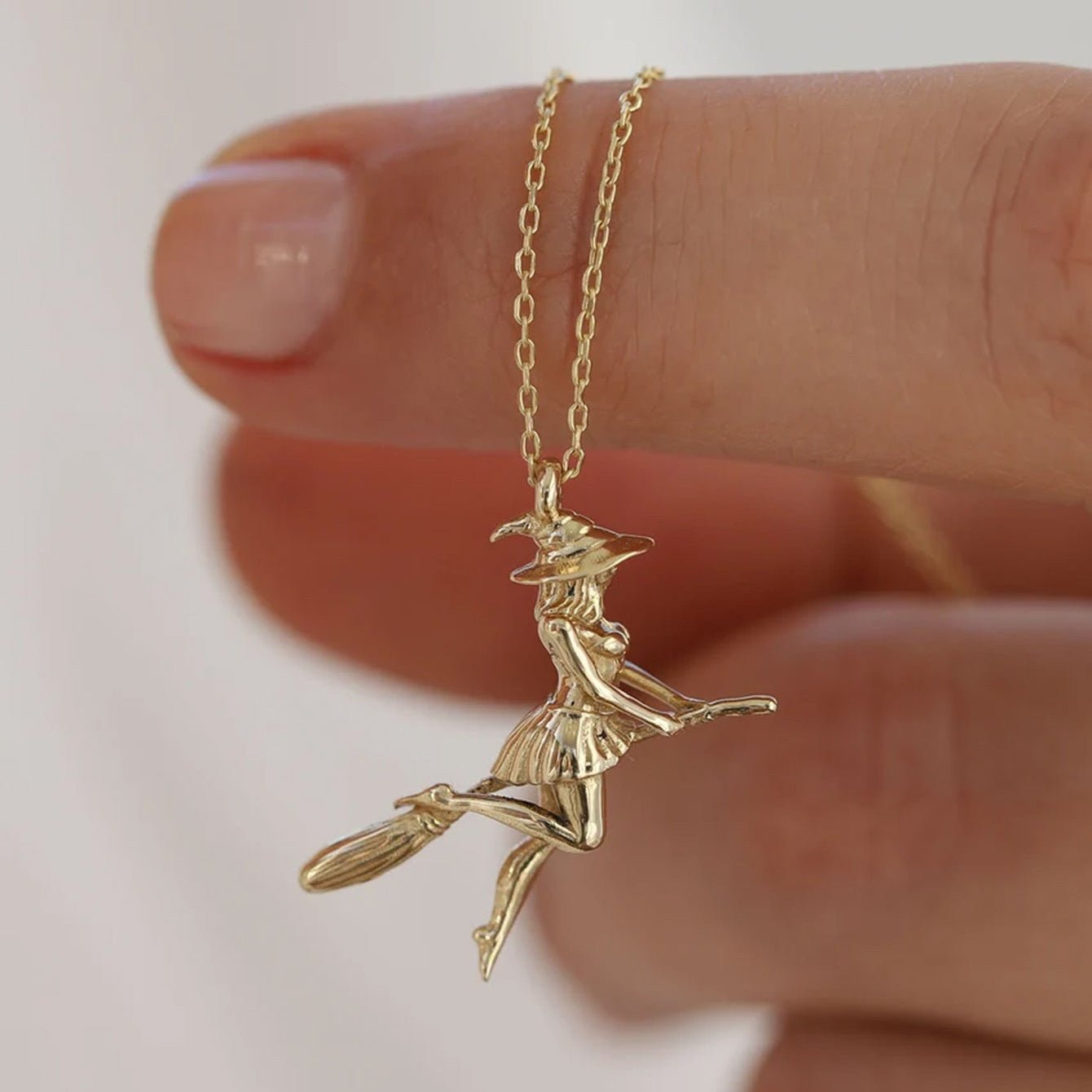 Witch on Broom Pendant Necklace - 925 Sterling Silver Halloween Gothic Jewelry with Adjustable Chain - Aruary Studio ｜ Artisanal Jewelry