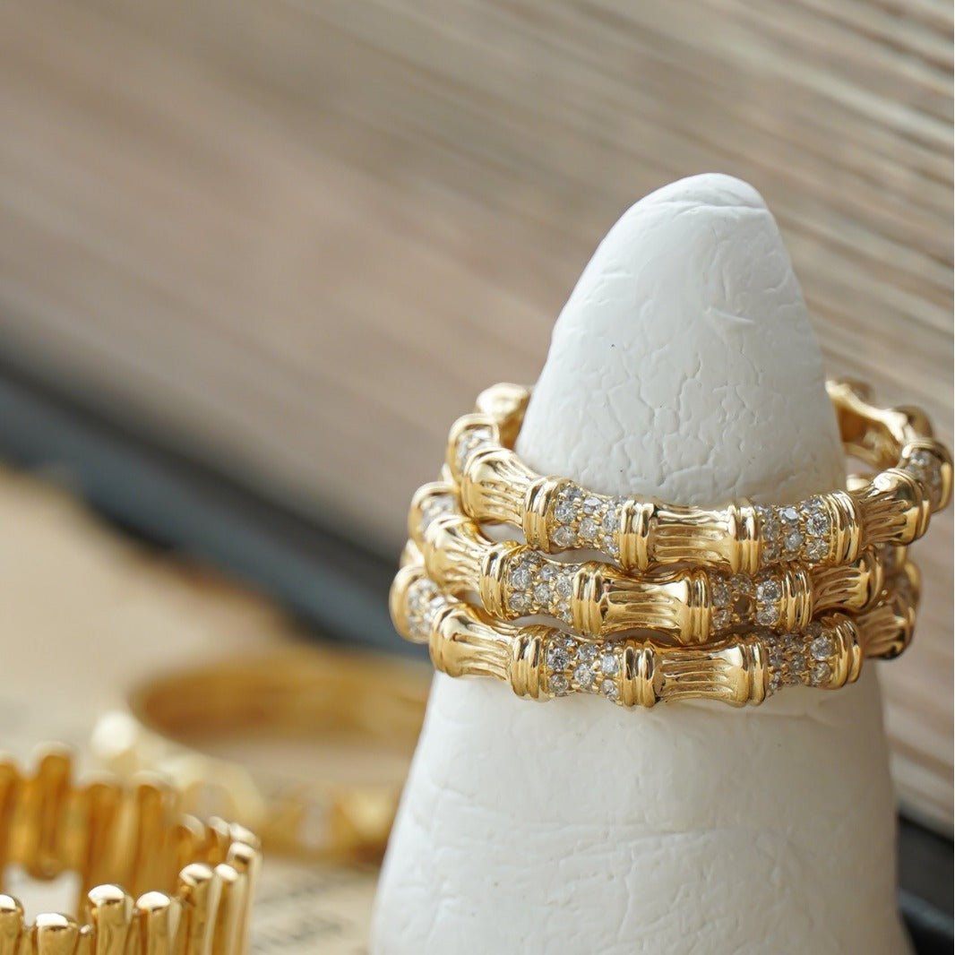 Zen Bamboo Ring • Solid .925 Sterling Silver • Minimalist Diamond - Accent Band • Nature - Inspired Jewelry - Aruary Studio ｜ Artisanal Jewelry