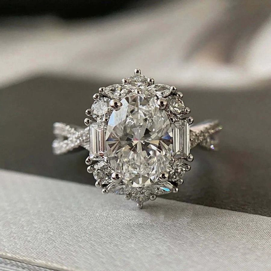 Aruary Studio ｜ Artisanal Jewelry Oval Moissanite-Simulant Cocktail Ring | 3CT Solitaire with Halo Setting | Adjustable Luxury Statement Ring