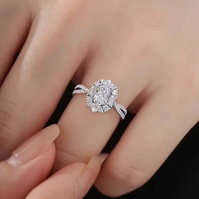 Aruary Studio ｜ Artisanal Jewelry Oval Moissanite-Simulant Cocktail Ring | 3CT Solitaire with Halo Setting | Adjustable Luxury Statement Ring