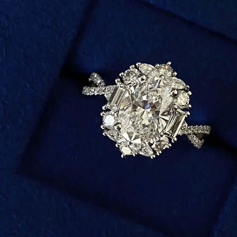 Aruary Studio ｜ Artisanal Jewelry Oval Moissanite-Simulant Cocktail Ring | 3CT Solitaire with Halo Setting | Adjustable Luxury Statement Ring