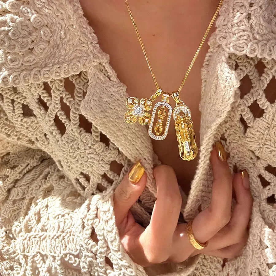 Aruary Studio ｜ Artisanal Jewelry Luxury Chinese Lucky Charm Necklace | 24K Gold Plated Pei Fu & Gourd Pendant | Vintage Twist Chain