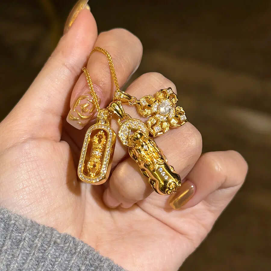 Aruary Studio ｜ Artisanal Jewelry Luxury Chinese Lucky Charm Necklace | 24K Gold Plated Pei Fu & Gourd Pendant | Vintage Twist Chain