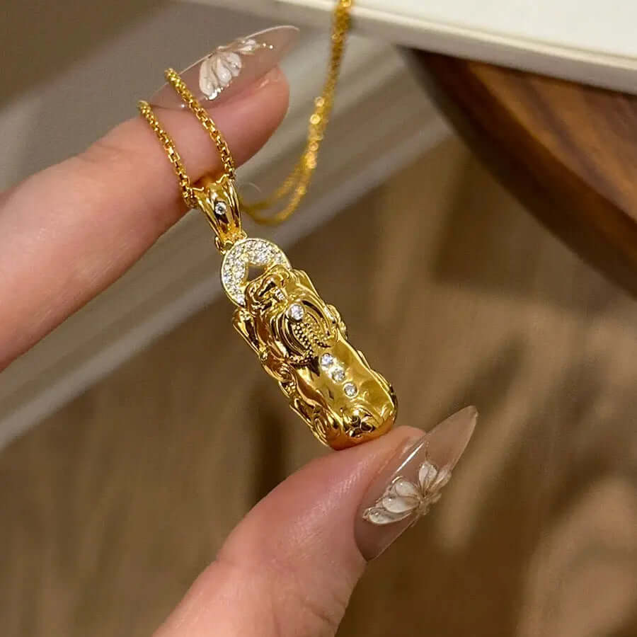 Aruary Studio ｜ Artisanal Jewelry Luxury Chinese Lucky Charm Necklace | 24K Gold Plated Pei Fu & Gourd Pendant | Vintage Twist Chain Pixiu Pendant